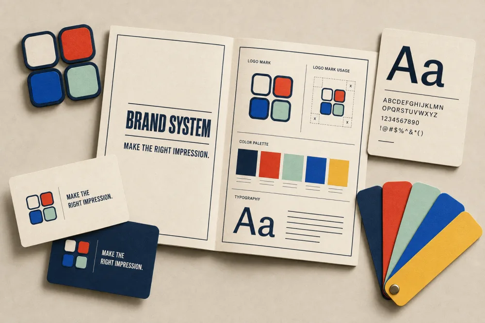 Professional brand identity system with logo, colors, typography, and applications
