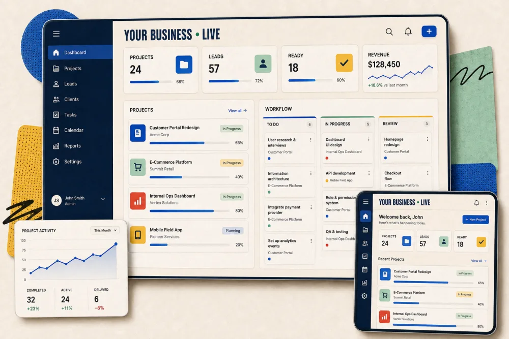 ProofGarage custom field operations software shown across desktop and mobile screens