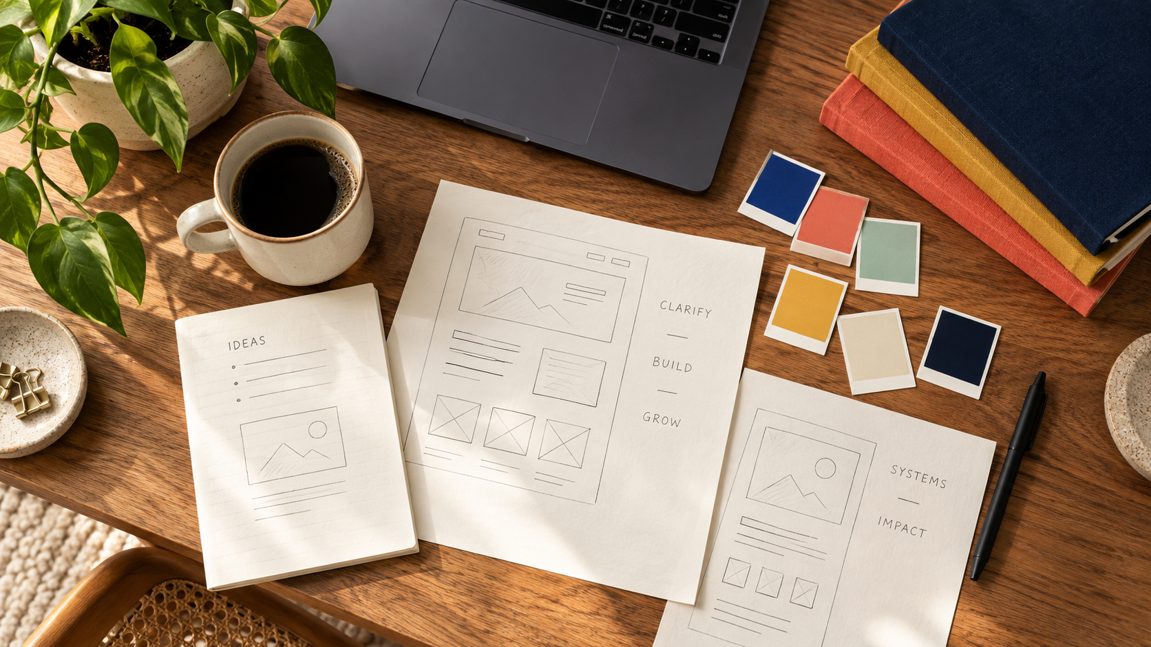 Studio strategy workbench with website wireframes, color swatches, notebooks, coffee, and planning materials