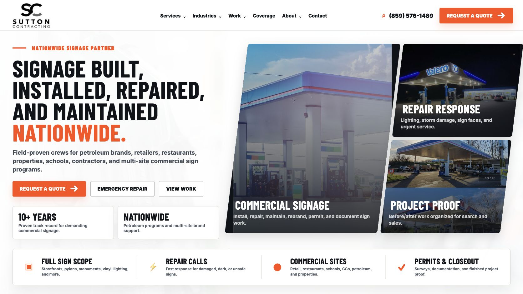 Sutton Contracting commercial signage website homepage design