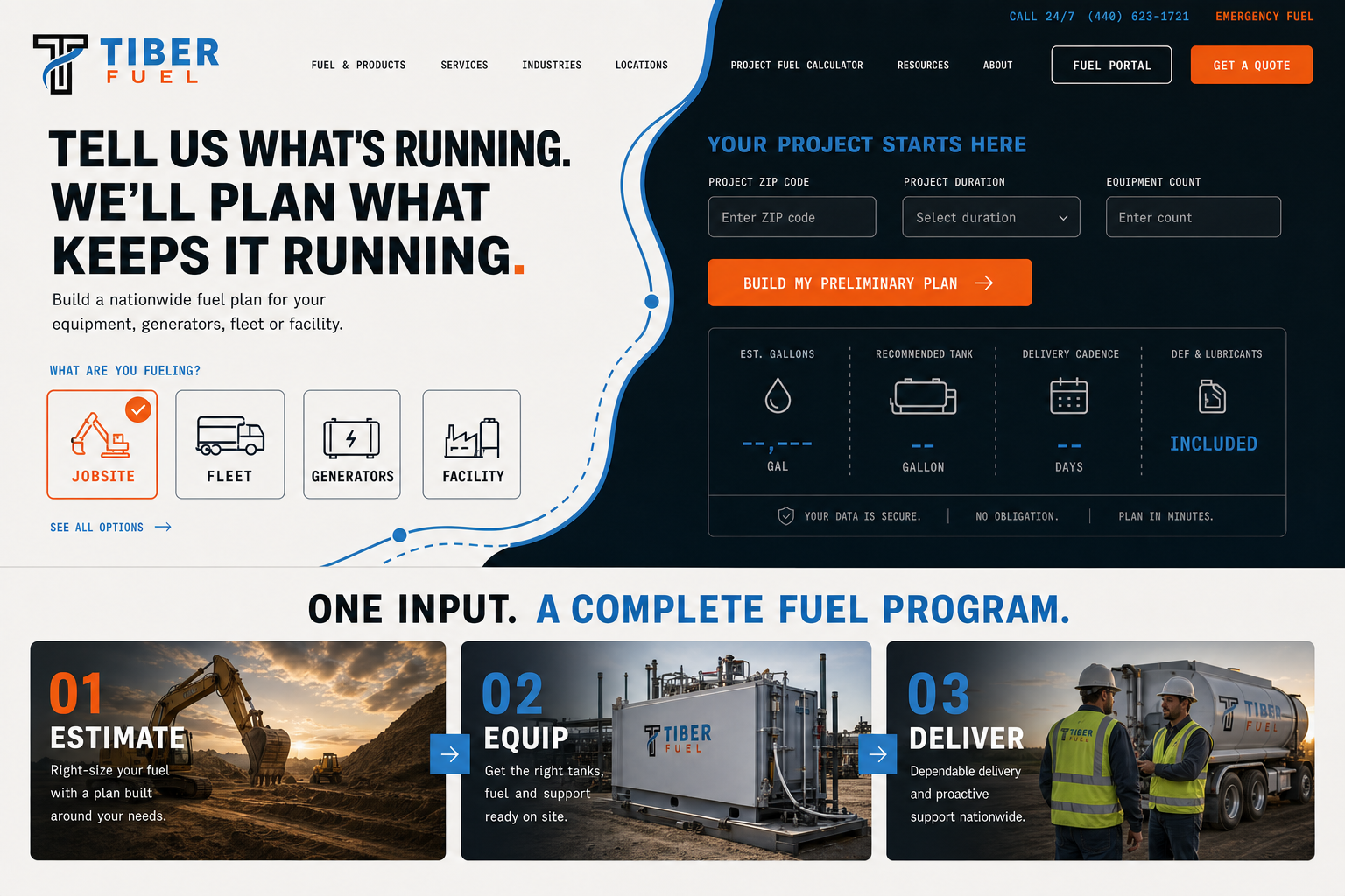 Tiber Fuel website homepage and preliminary fuel plan interface design